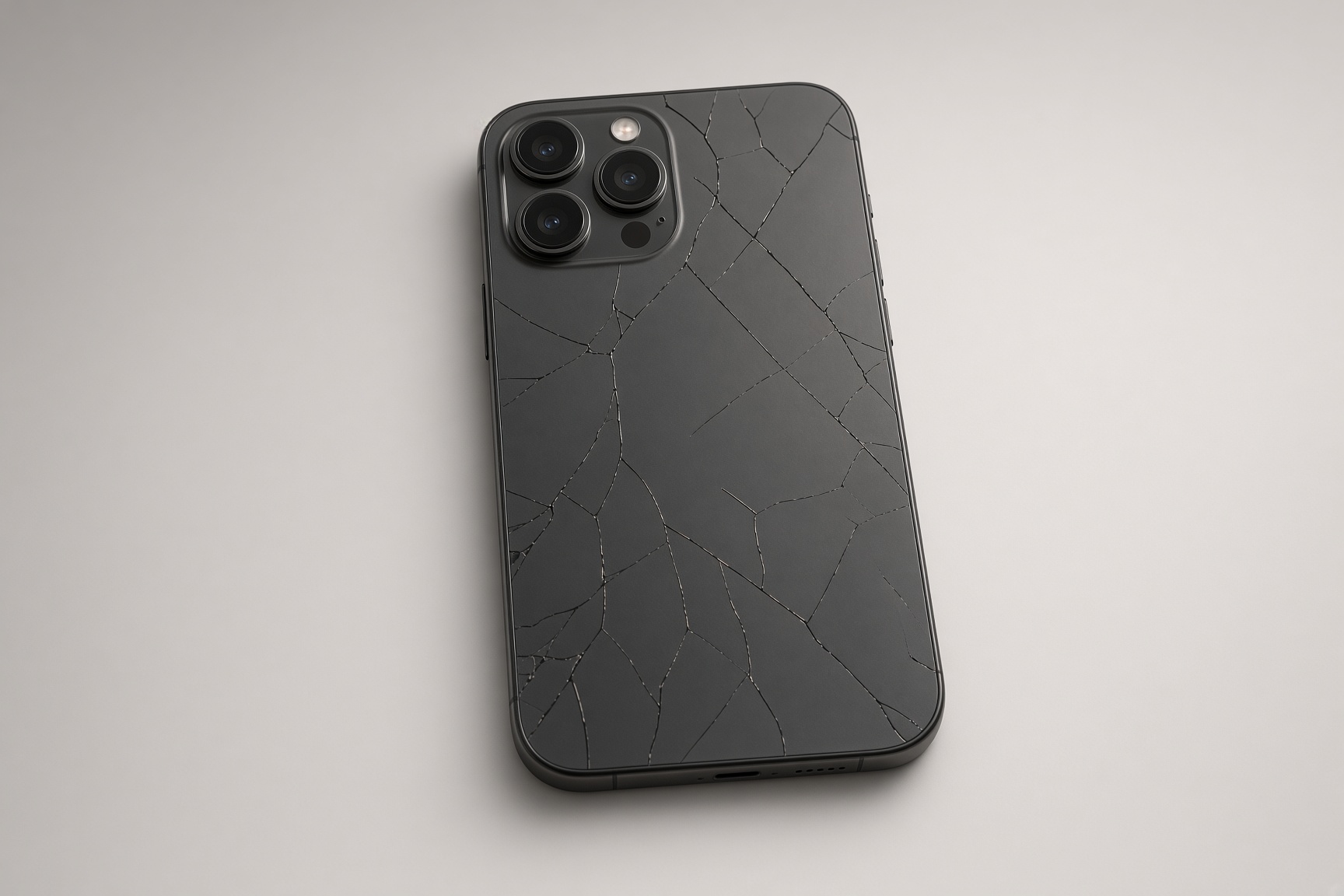 The back of an iPhone with cracked rear glass and a square camera