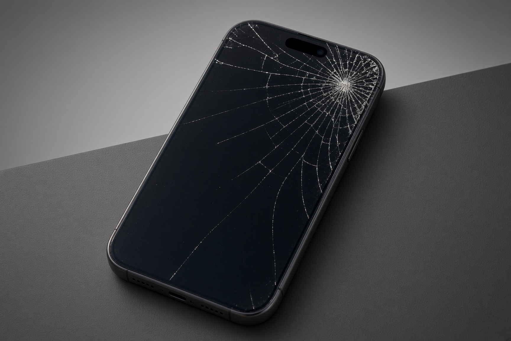An iPhone face up with a shattered front screen