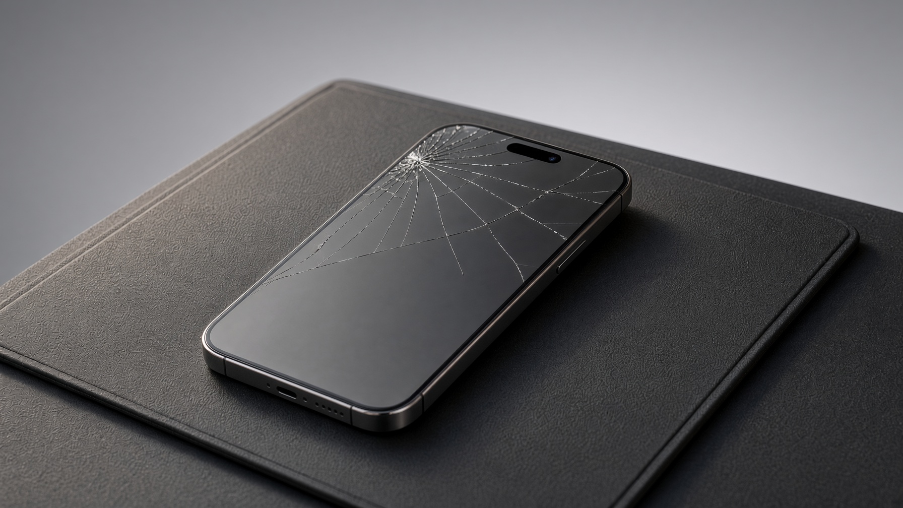 An iPhone with a cracked front screen on a repair mat